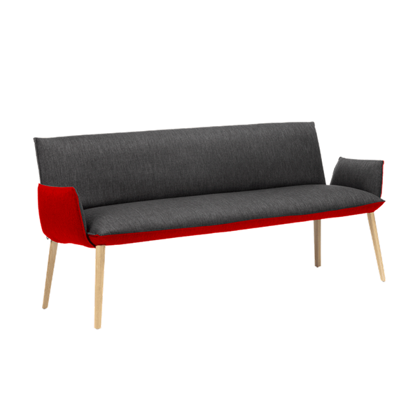 Banc trois places, hauteur salle à manger avec pieds bois, bicolore