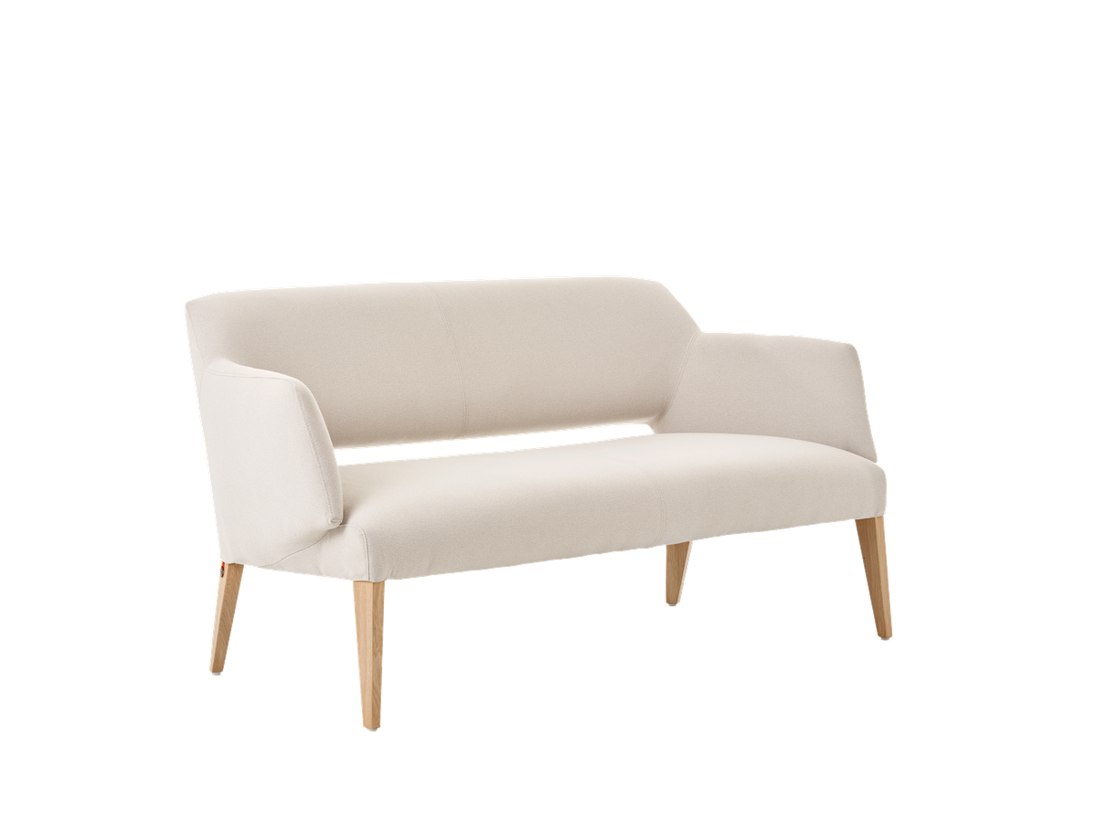 Fauteuil deux places, hauteur lounge avec dossier bas et pieds bois