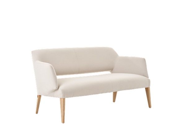 Fauteuil deux places, hauteur lounge avec dossier bas et pieds bois