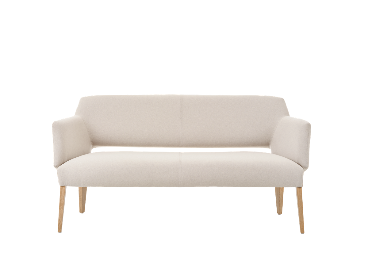 Fauteuil deux places, hauteur lounge avec dossier bas et pieds bois
